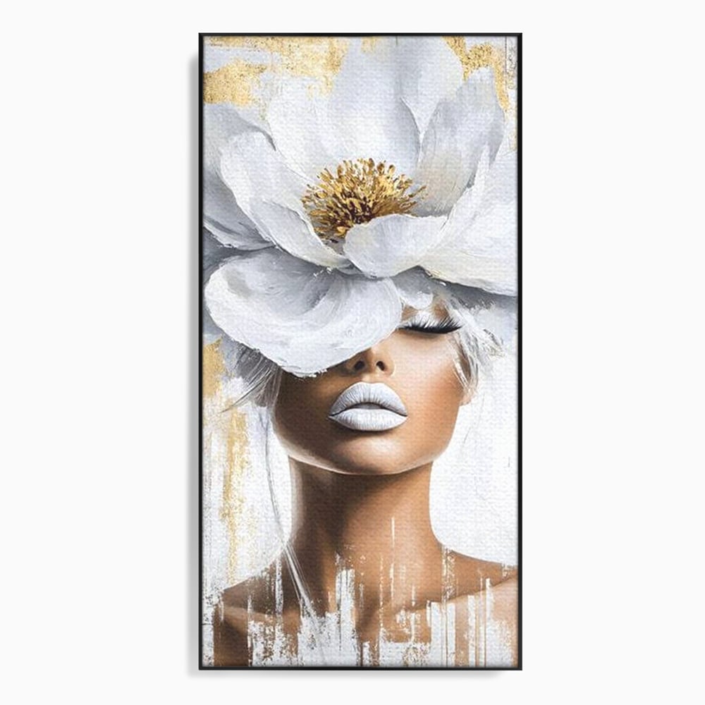 Tablou canvas cu tablou canvas cu portret de femeie si magnolie, in rama de aluminiu negru